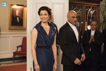 Mellie Grant's Blue Shawl Collar Gown With Belt on Scandal