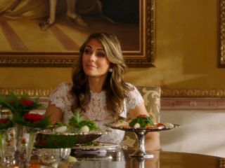 Queen Helena's Illusion Yoke Lace Sheath Dress (Regular & Petite) on The Royals