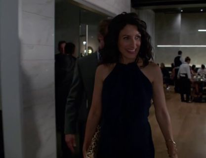 Abby McCarthy's Navy Silk Dress on Girlfriends' Guide to Divorce