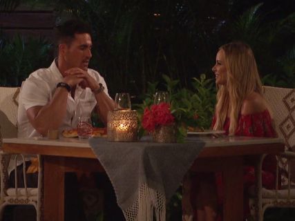 Amanda Stanton's Red Floral Off-The-Shoulder Crop Top and Skirt on Bachelor in Paradise