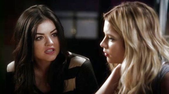Aria Montgomery's Cap-Sleeve Faux-Leather Striped Tee Top on Pretty Little Liars