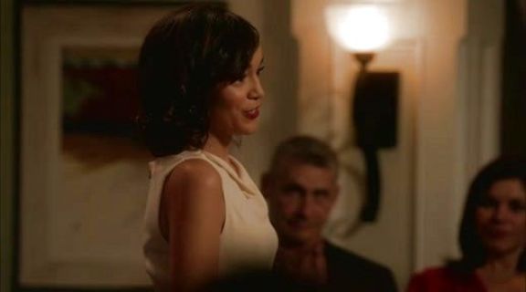 Ashley Davenport's Beige Cowl Neck Sleeveless Dress on Revenge