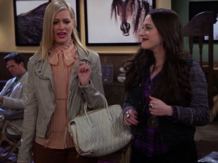 Caroline Channing's Sleeveless Pintucked & Ruffled Tie-Neck Silk Blouse, Nude on 2 Broke Girls