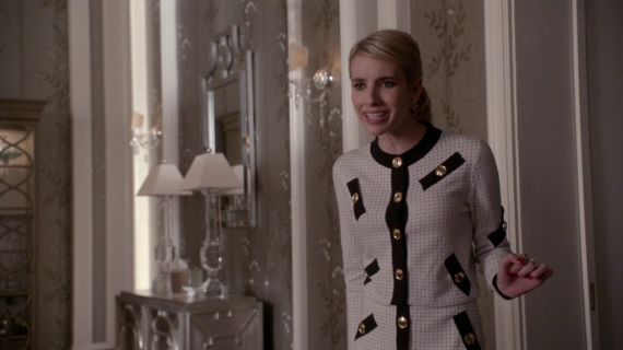 Chanel Oberlin's buttoned polka dot cardigan on Scream Queens