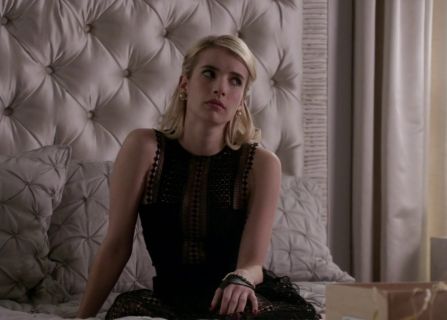 Chanel Oberlin's Sleeveless Mesh Ruffle-Trim Midi Dress, Black on Scream Queens