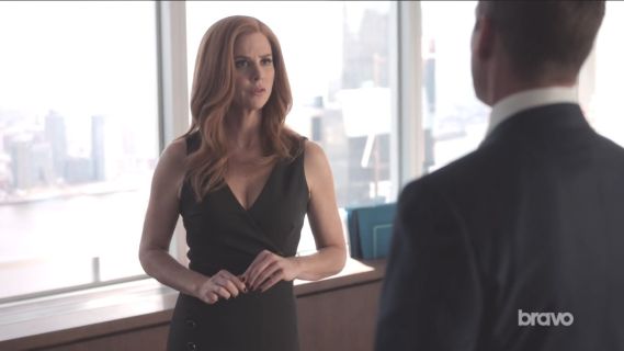 Donna Paulsen's Stretch Twill Pencil Dress with Asymmetrical Buttons on Suits