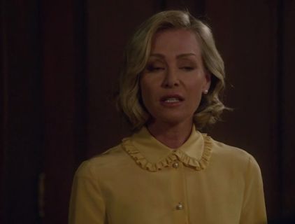 Elizabeth North's Ruffle-trimmed silk-crepe blouse in yellow on Scandal