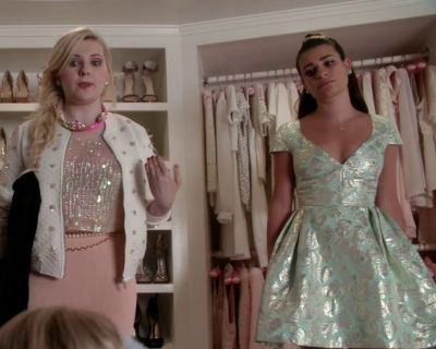 Hester Ulrich's Deep Plunge Metallic Prom Dress on Scream Queens