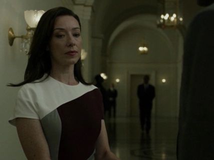 Jackie Sharp's Silk And Tweed Colorblock Dress on House of Cards