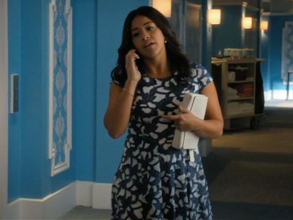 Jane Villanueva's Denim Lace Fit & Flare Dress on Jane the Virgin
