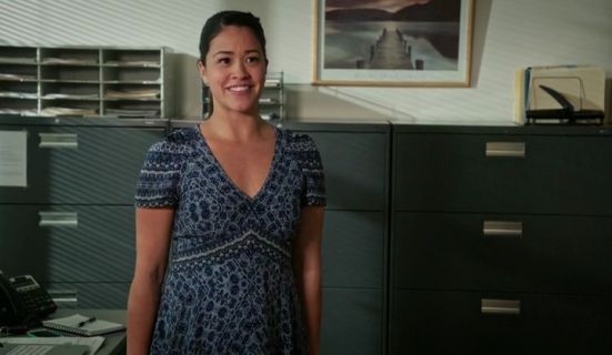 Jane Villanueva's Short-Sleeve Paisley A-Line Dress, Blue Smoke on Jane the Virgin
