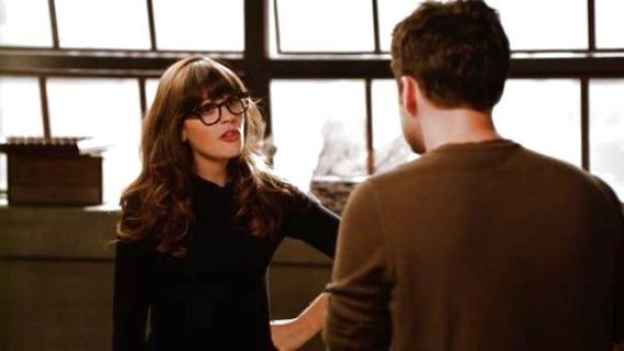 Jess Day's abree bow-neck sweeter, black on New Girl