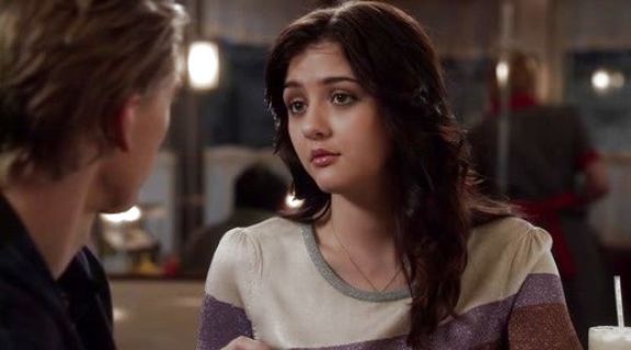 Maggie Landers's Long-Sleeve Scoop-Neck Colorblocked Metallic Sweater on The Carrie Diaries