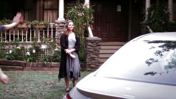 Melissa Hastings's Dobby Dot & Lace Pieced Trapeze Slip on Pretty Little Liars