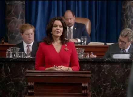 Mellie Grant's aymmetric drape dress on Scandal