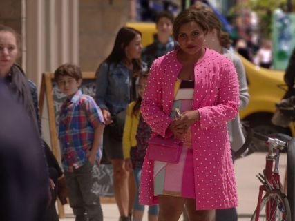 Mindy Lahiri's Pink Crystal Coat and Patchwork Dress on The Mindy Project