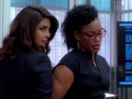 Miranda Shaw's Doppio-Pinstriped Split Neck Sheath Dress on Quantico