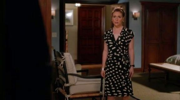 Savi Davis's Black Print Crepe Wrap Dress on Mistresses