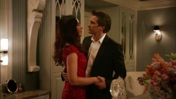 Victoria Grayson's Red Silk Sequined Mid-Length Sheath on Revenge