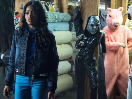 Zayday Williams's Vine Zip-Front Quilted Bomber Jacket, Black on Scream Queens