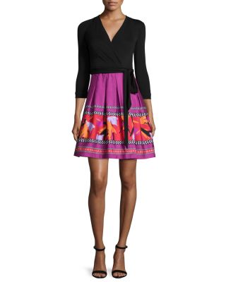 3/4-Sleeve Combo Wrap Dress, Black Floral Beet