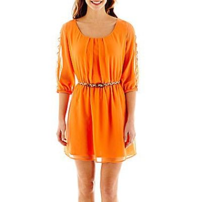 3/4-Sleeve Lattice Belted Dress