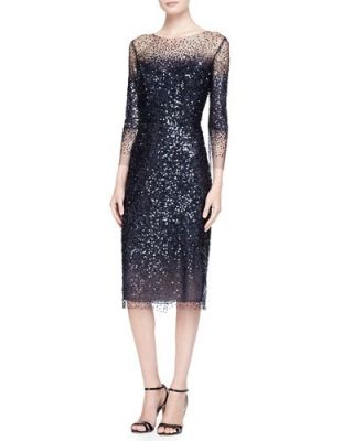 3/4-Sleeve Sequined Illusion-Trim Sheath Dress