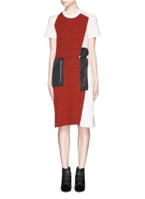 Cloqué check panel waist tie wool dress