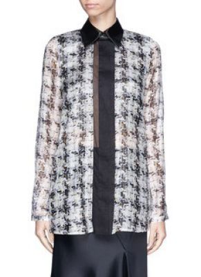 Abstract Tweed Print Leather Collar Organza Shirt