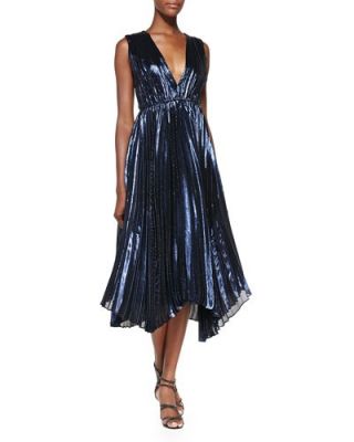 Alessandra Pleated Metallic Asymmetric Gown