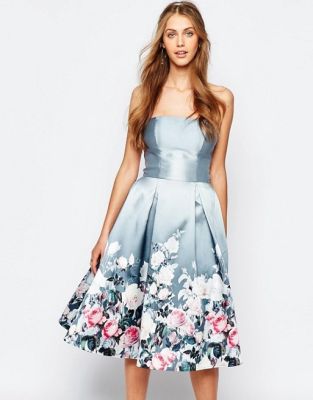 Bandeau Midi Dress in Sateen Floral Print