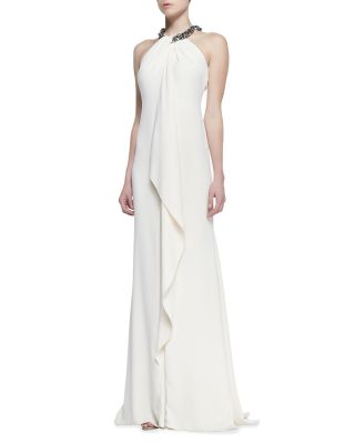 Beaded Halter Draped Metallic Gown
