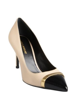 Beige Leather Contrast Point Toe Pumps