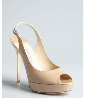 Beige Patent Leather Shaw Peep Toe Slingback Pumps
