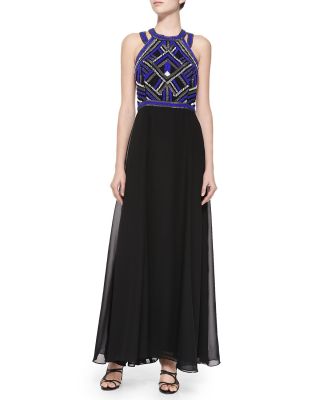 Belize Beaded-Bodice Silk Halter Gown