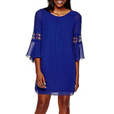 Bell-Sleeve Crochet-Inset Chiffon Shift Dress
