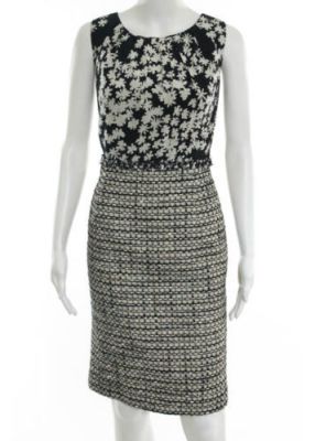 Black Beige Cotton Basket Woven Tweed Sheath Dress Sz 14