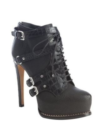Black Leather 'Guetre' Buckle Detail Platform Ankle Booties