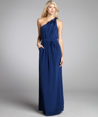 Blueberry Silk Pocket Belted Rosette One Shoulder Maxi Dress