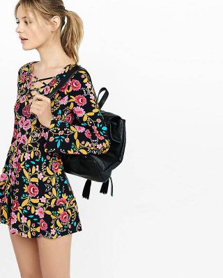 bold floral print lace-up neckline romper