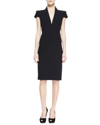 Cap-Sleeve Deep V-Neck Dress, Black