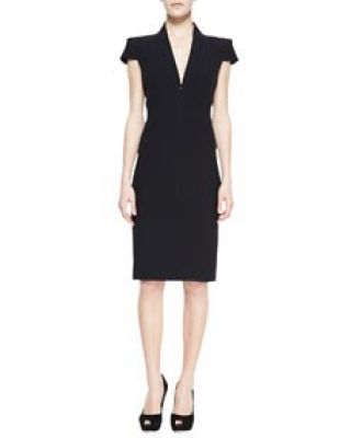 Cap-Sleeve Deep V-Neck Dress, Black