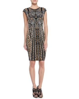 Cap-Sleeve Leopard/Striped Sheath Dress