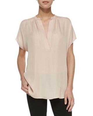 Cap-Sleeve Popover Blouse, Salmon