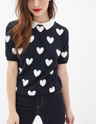 Collared Heart-Print Sweater