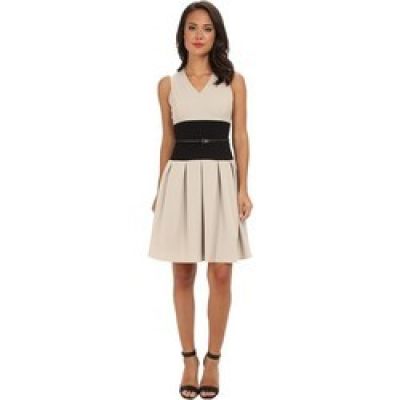 Colorblock V-Neck Belted Fit Flare Sleeveless Dress