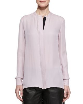 Contrast-Placket Silk Blouse