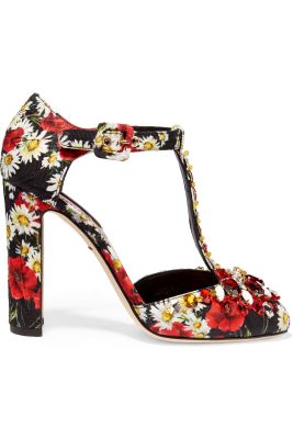Crystal-embellished printed brocade Mary Jane pumps