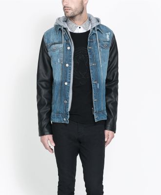 Denim Jacket with Faux Leather Sleeves