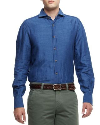Denim Spread-Collar Cotton-Linen Shirt